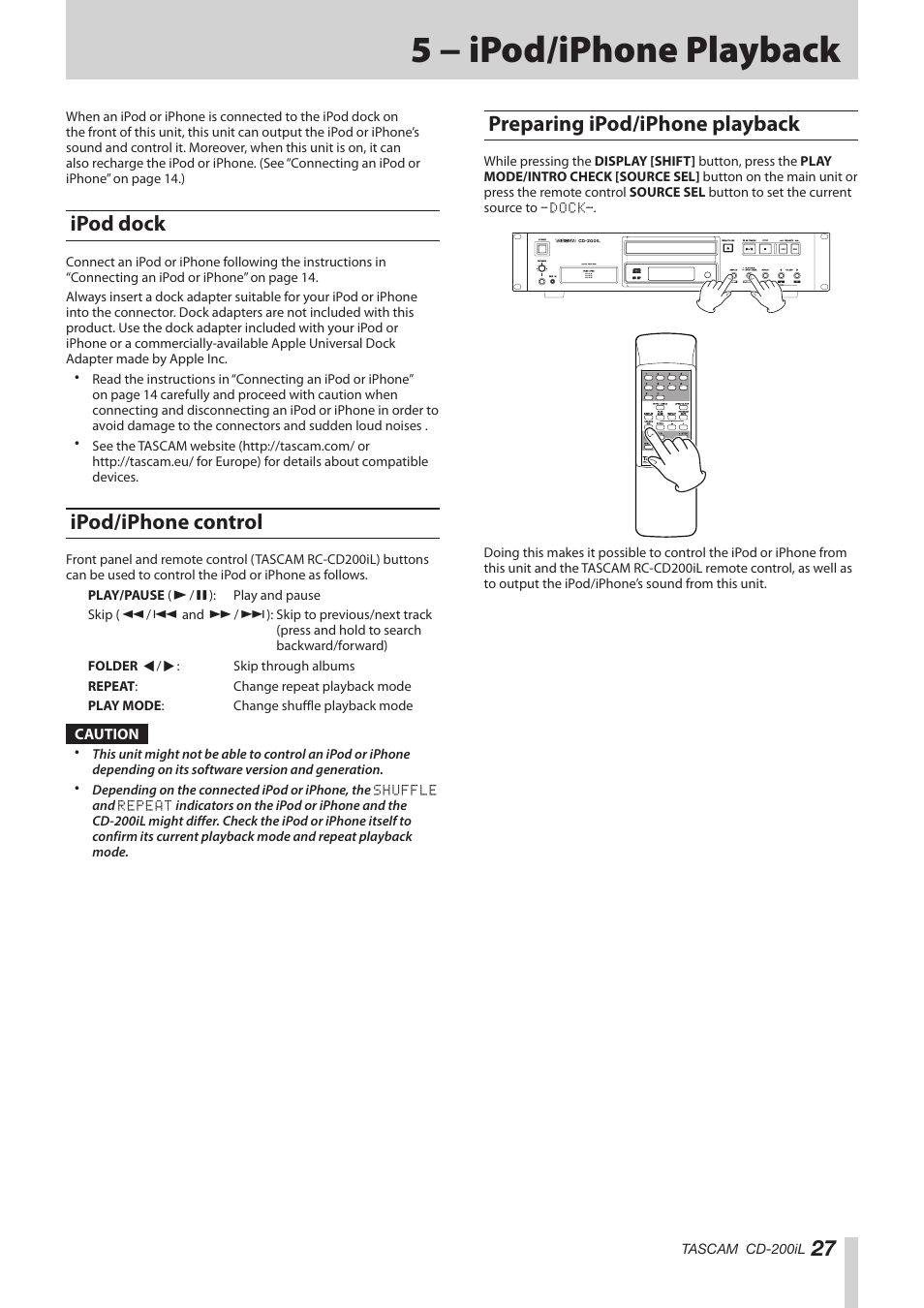 5 − ipod/iphone playback, Ipod dock, Ipod/iphone control | Preparing ipod/iphone playback | Teac CD-200IL User Manual | Page 27 / 32