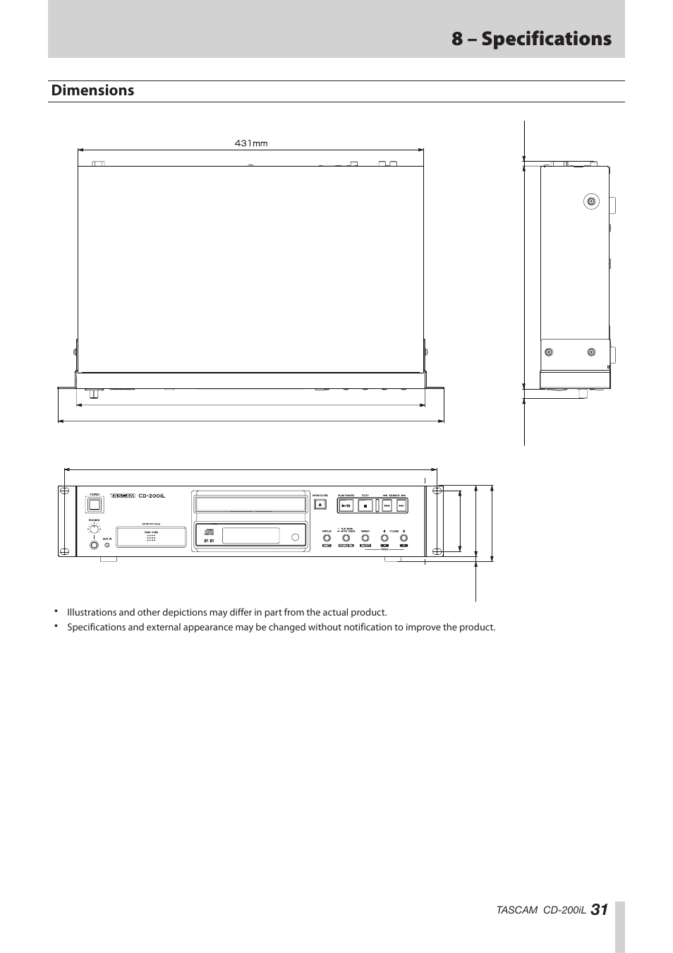 Dimensions, 8 – specifications | Teac CD-200IL User Manual | Page 31 / 32