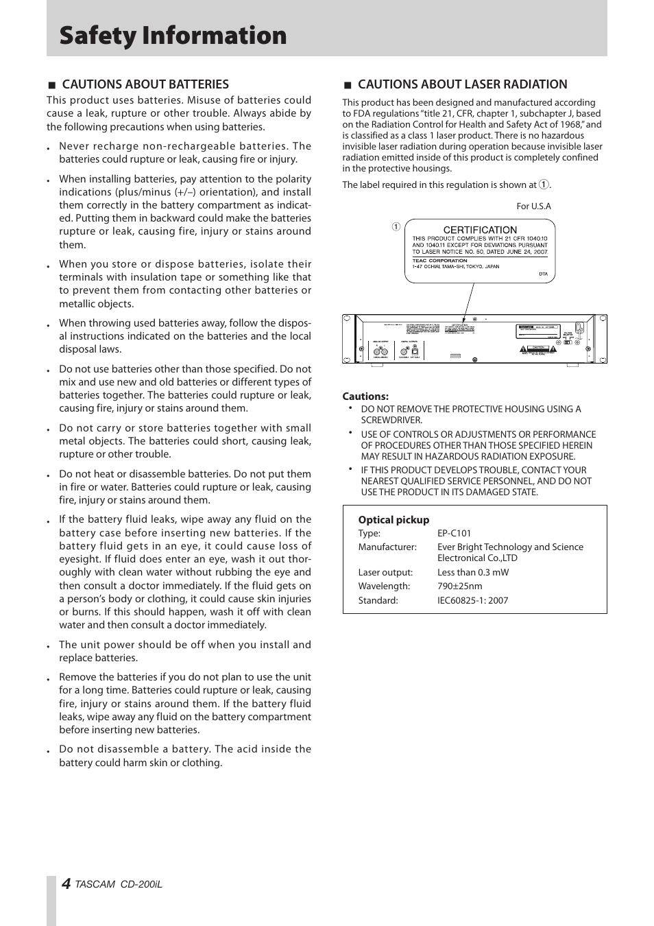 Safety information | Teac CD-200IL User Manual | Page 4 / 32