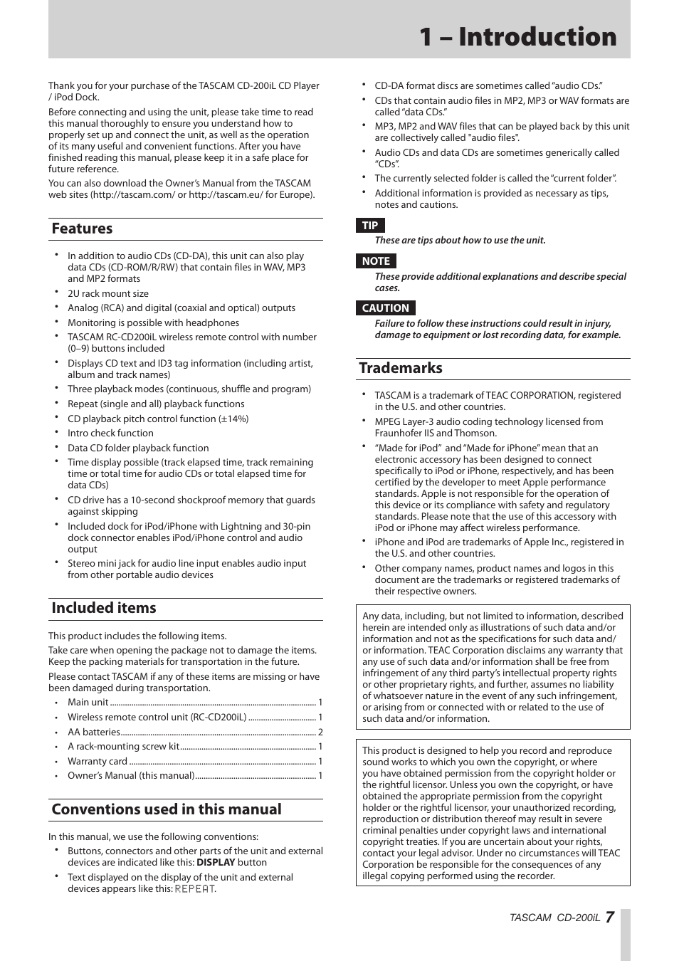 1 – introduction, Features, Included items | Conventions used in this manual, Trademarks | Teac CD-200IL User Manual | Page 7 / 32