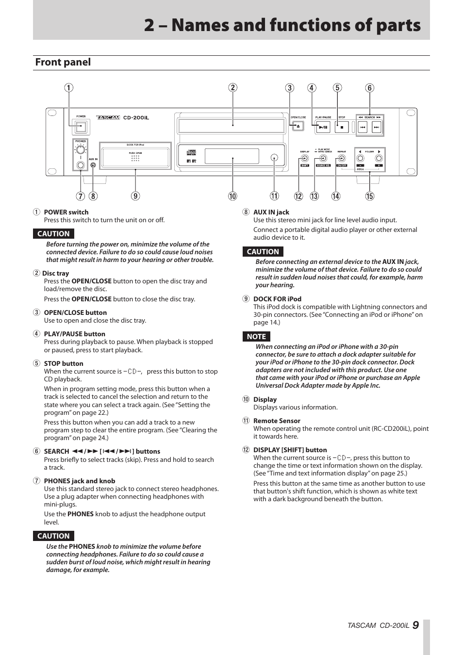 2 – names and functions of parts, Front panel | Teac CD-200IL User Manual | Page 9 / 32