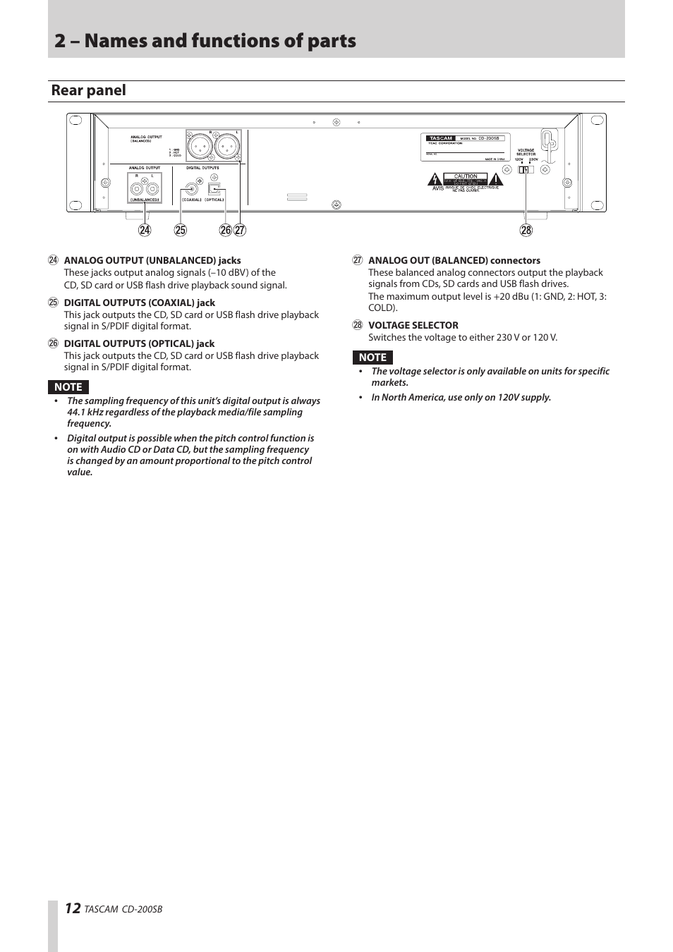 Rear panel, 2 – names and functions of parts | Teac CD-200SB User Manual | Page 12 / 48