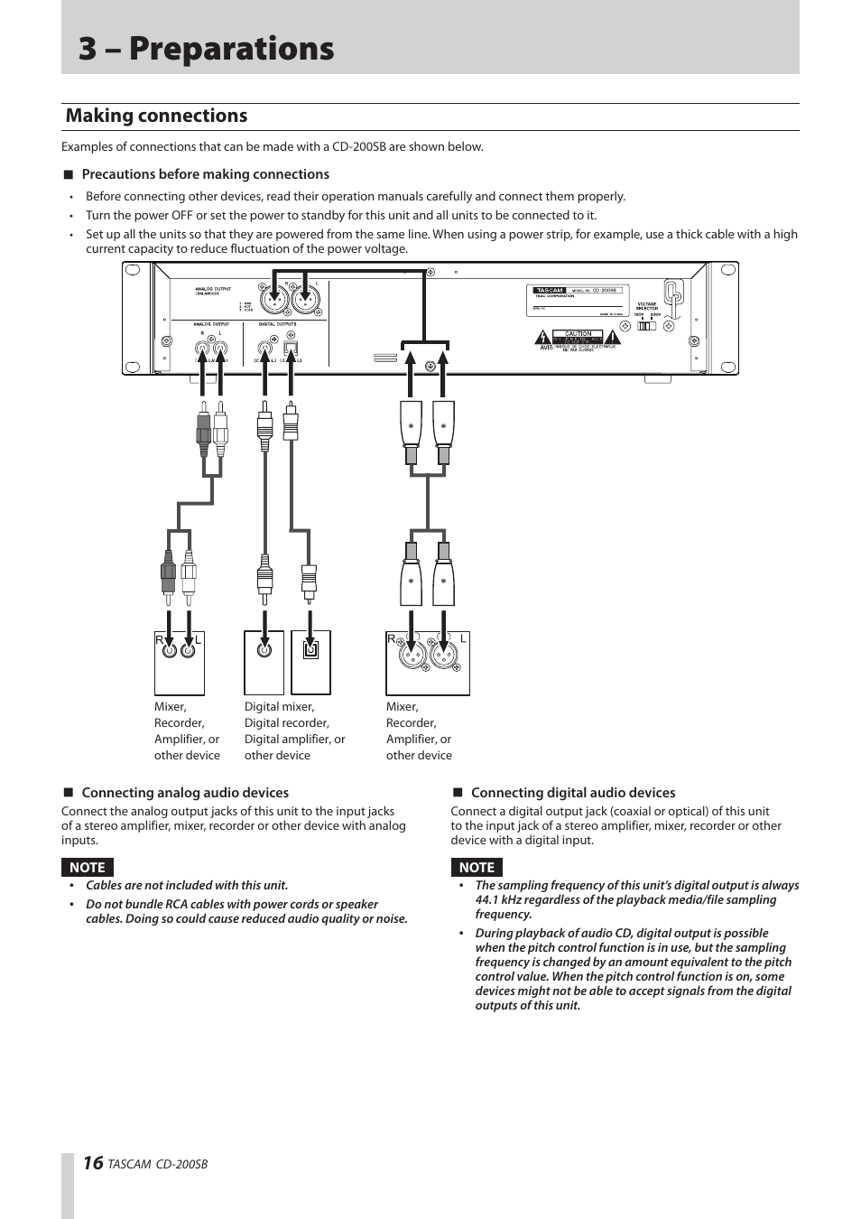 3 – preparations, Making connections | Teac CD-200SB User Manual | Page 16 / 48