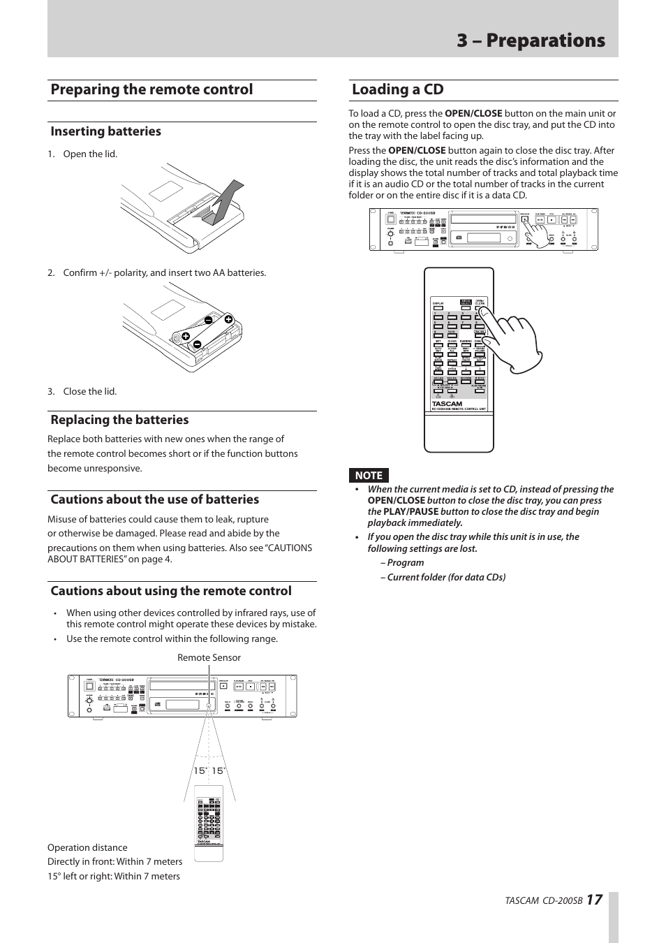 Preparing the remote control, Inserting batteries, Replacing the batteries | Cautions about the use of batteries, Cautions about using the remote control, Loading a cd, 3 – preparations | Teac CD-200SB User Manual | Page 17 / 48