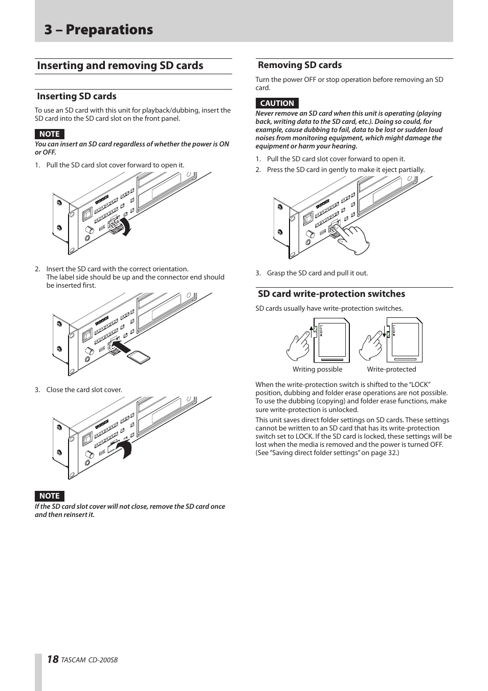 Inserting and removing sd cards, Inserting sd cards, Removing sd cards | Sd card write-protection switches, See “inserting and, 3 – preparations | Teac CD-200SB User Manual | Page 18 / 48