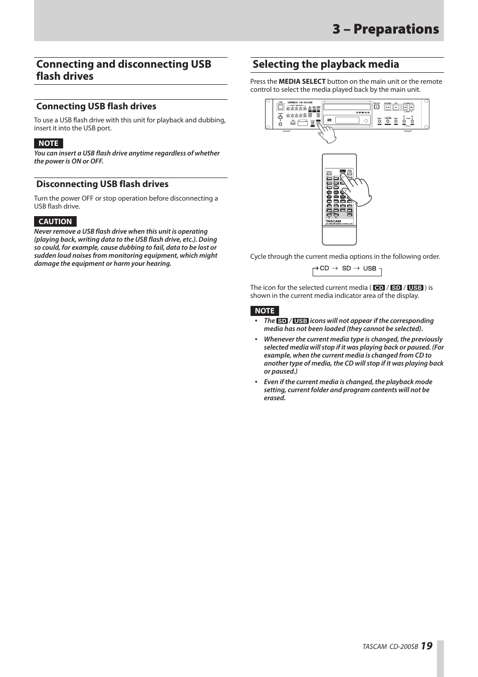 Connecting and disconnecting usb flash drives, Connecting usb flash drives, Disconnecting usb flash drives | Selecting the playback media, 3 – preparations | Teac CD-200SB User Manual | Page 19 / 48