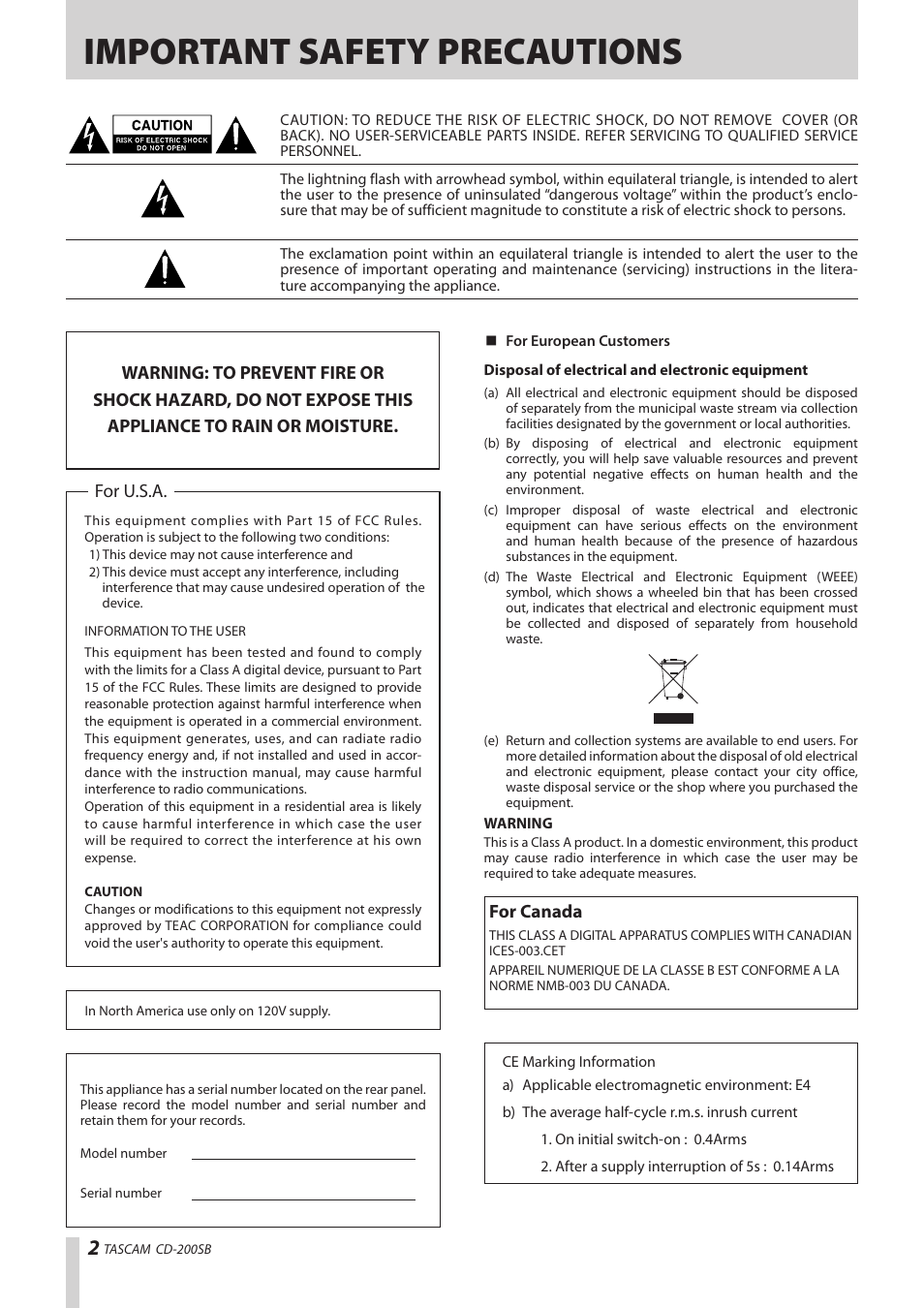 Important safety precautions, For u.s.a, For canada | Teac CD-200SB User Manual | Page 2 / 48