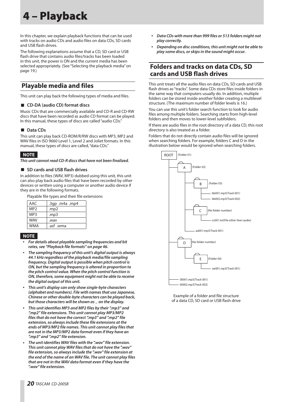 4 – playback, Playable media and files, Sd cards and usb flash drives | Teac CD-200SB User Manual | Page 20 / 48