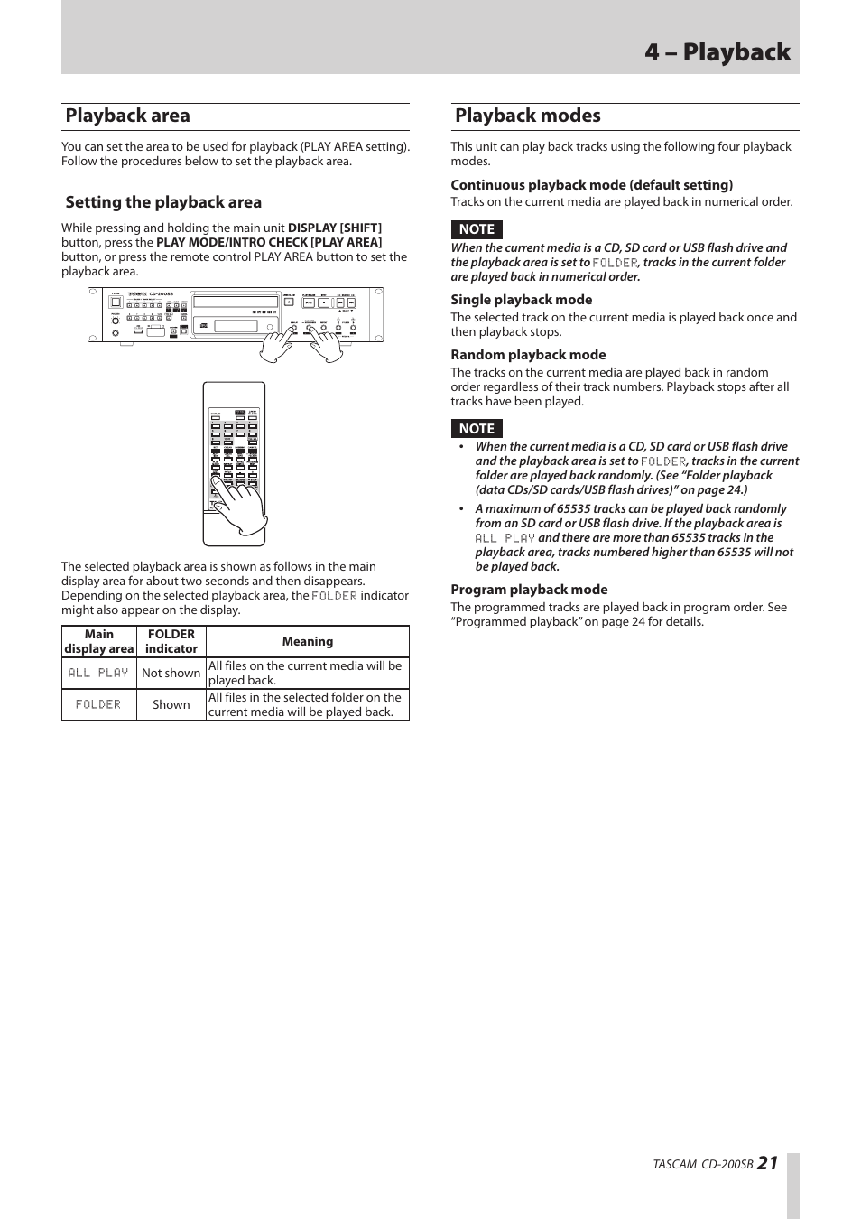 Playback area, Setting the playback area, Playback modes | 4 – playback | Teac CD-200SB User Manual | Page 21 / 48