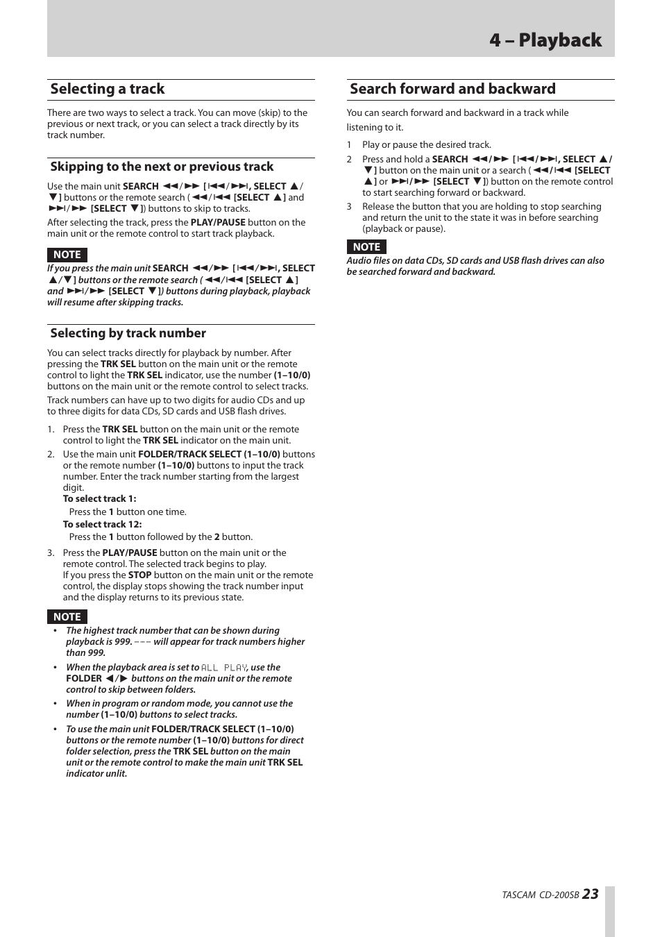 Selecting a track, Skipping to the next or previous track, Selecting by track number | Search forward and backward, See “selecting, T media. (see “selecting by track, 4 – playback | Teac CD-200SB User Manual | Page 23 / 48