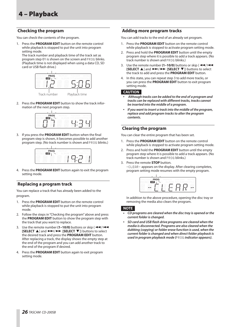 Checking the program, Replacing a program track, Adding more program tracks | Clearing the program, 4 – playback | Teac CD-200SB User Manual | Page 26 / 48