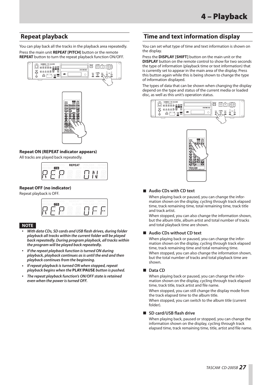 Repeat playback, Time and text information display, Repeat playback time and text information display | Tion. (see “time, See “time, 4 – playback | Teac CD-200SB User Manual | Page 27 / 48