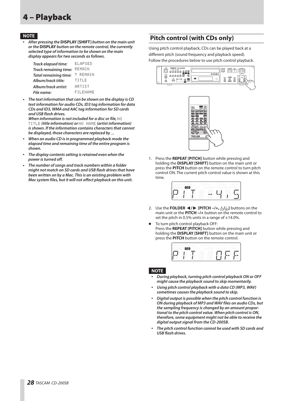 Pitch control (with cds only), See “pitch control (with cds only)” on, See “pitch | 4 – playback | Teac CD-200SB User Manual | Page 28 / 48