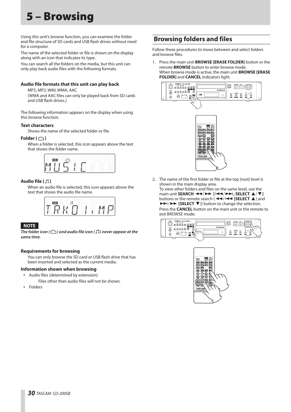 5 – browsing, Browsing folders and files, See “5 | See “5 – browsing | Teac CD-200SB User Manual | Page 30 / 48