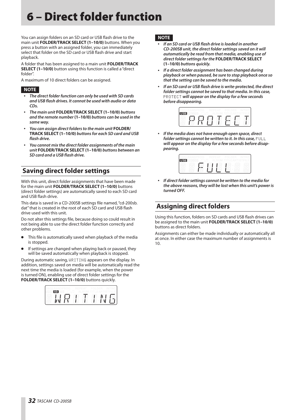 6 – direct folder function, Saving direct folder settings, Assigning direct folders | Tion. (see “assigning direct, Tion. (see | Teac CD-200SB User Manual | Page 32 / 48