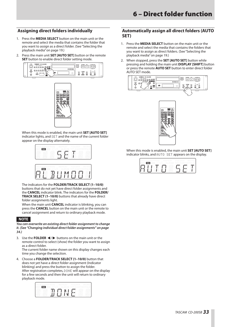 Assigning direct folders individually, Automatically assign all direct folders (auto set), Auto set) | See “automatically assign, 6 – direct folder function | Teac CD-200SB User Manual | Page 33 / 48