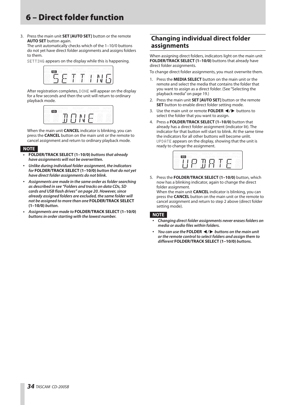 Changing individual direct folder assignments, 6 – direct folder function | Teac CD-200SB User Manual | Page 34 / 48