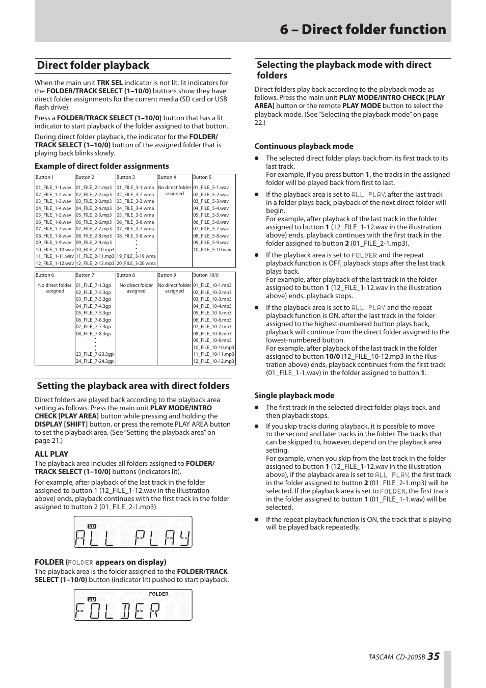 Direct folder playback, Setting the playback area with direct folders, Selecting the playback mode with direct folders | With direct folders, See “direct folder, 6 – direct folder function | Teac CD-200SB User Manual | Page 35 / 48