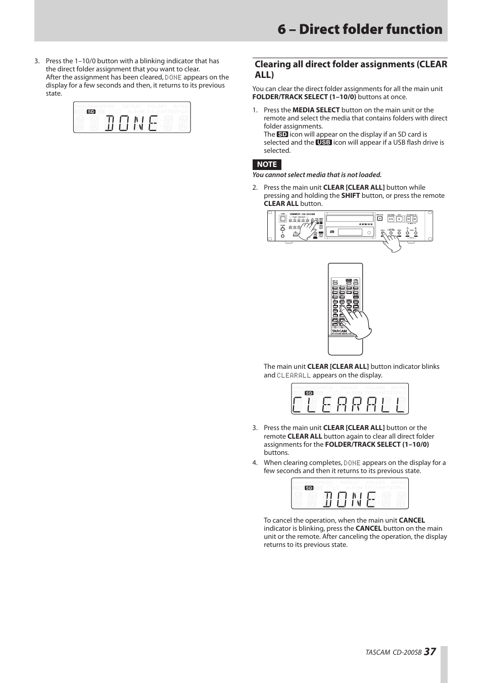 Clearing all direct folder assignments (clear all), Clearing all direct folder assignments, Clear all) | See “clearing all direct folder, See “clearing all direct folder assign, 6 – direct folder function | Teac CD-200SB User Manual | Page 37 / 48