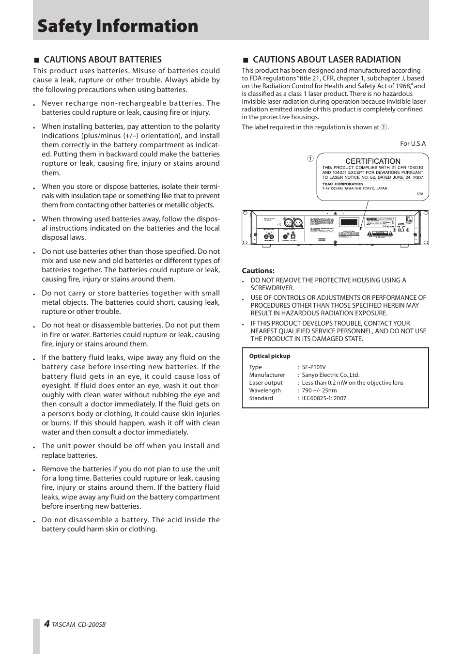 Safety information, Cautions about batteries, Cautions about laser radiation | Teac CD-200SB User Manual | Page 4 / 48