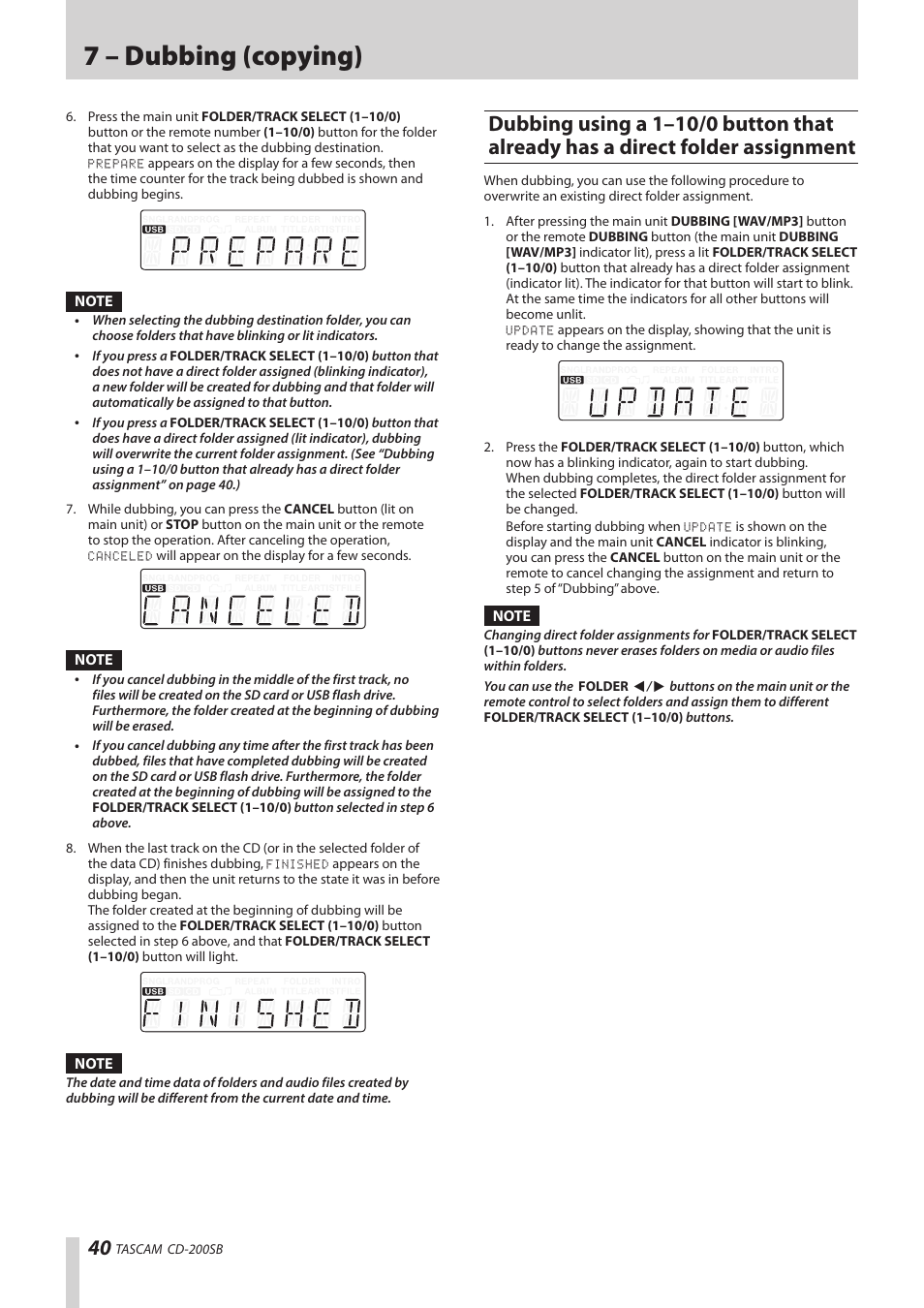 Dubbing using a 1–10/0 button that already has a, Direct folder assignment, 7 – dubbing (copying) | Teac CD-200SB User Manual | Page 40 / 48