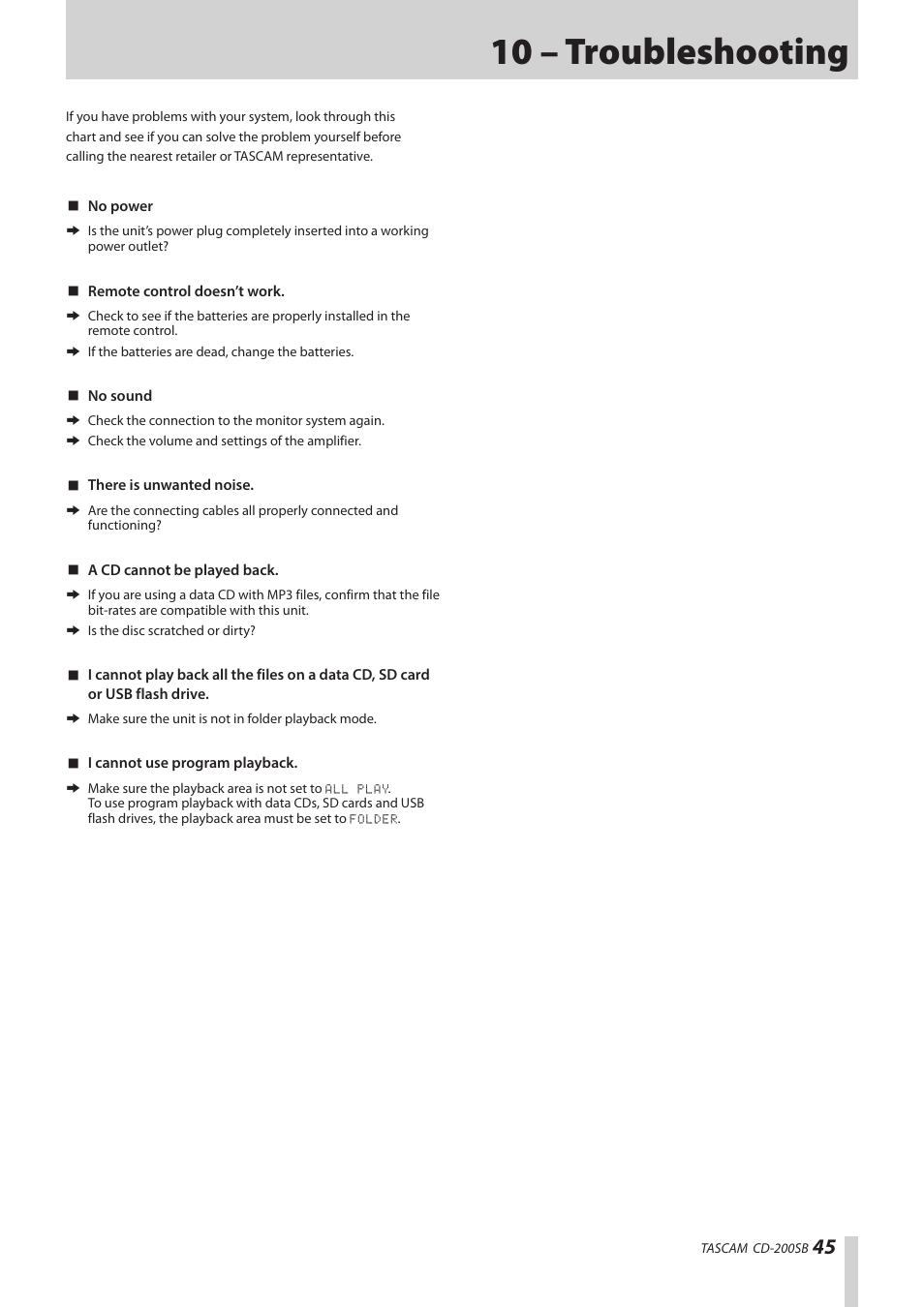 10 – troubleshooting | Teac CD-200SB User Manual | Page 45 / 48