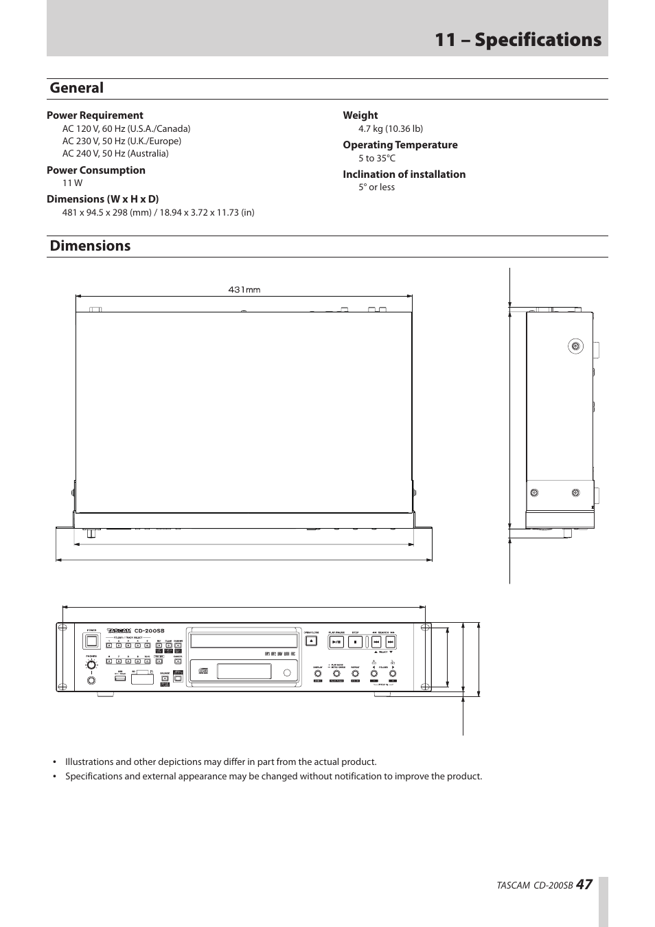 General, Dimensions, General dimensions | 11 – specifications, 47 general | Teac CD-200SB User Manual | Page 47 / 48