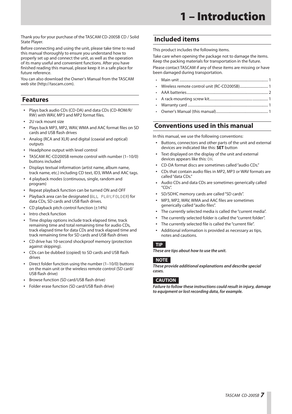 1 – introduction, Features, Included items | Conventions used in this manual | Teac CD-200SB User Manual | Page 7 / 48