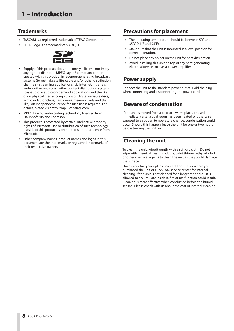 Trademarks, Precautions for placement, Power supply | Beware of condensation, Cleaning the unit, 1 – introduction | Teac CD-200SB User Manual | Page 8 / 48