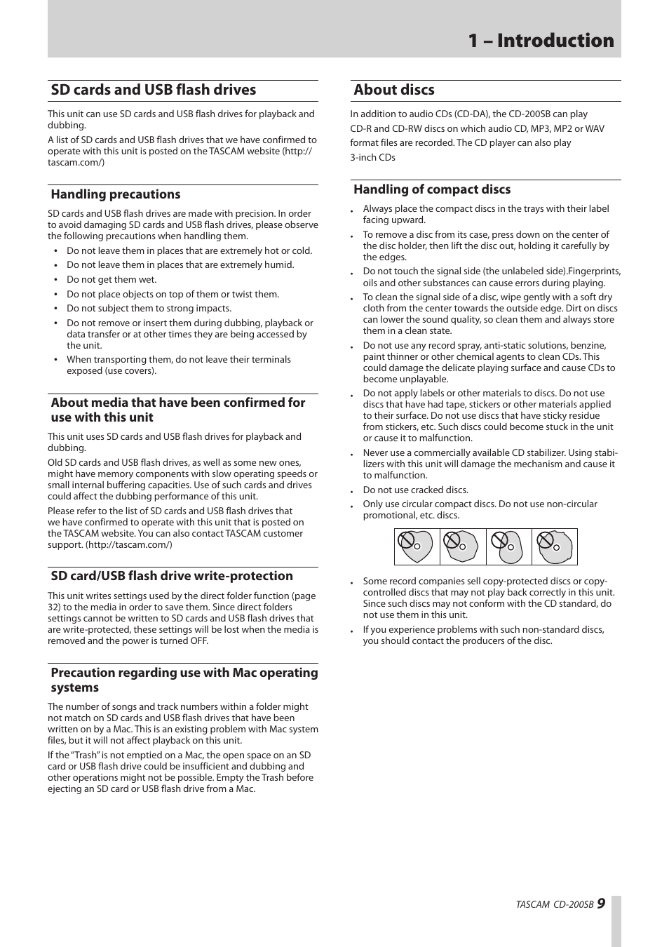 Sd cards and usb flash drives, Handling precautions, Sd card/usb flash drive write-protection | About discs, Handling of compact discs, With mac operating systems, 1 – introduction | Teac CD-200SB User Manual | Page 9 / 48