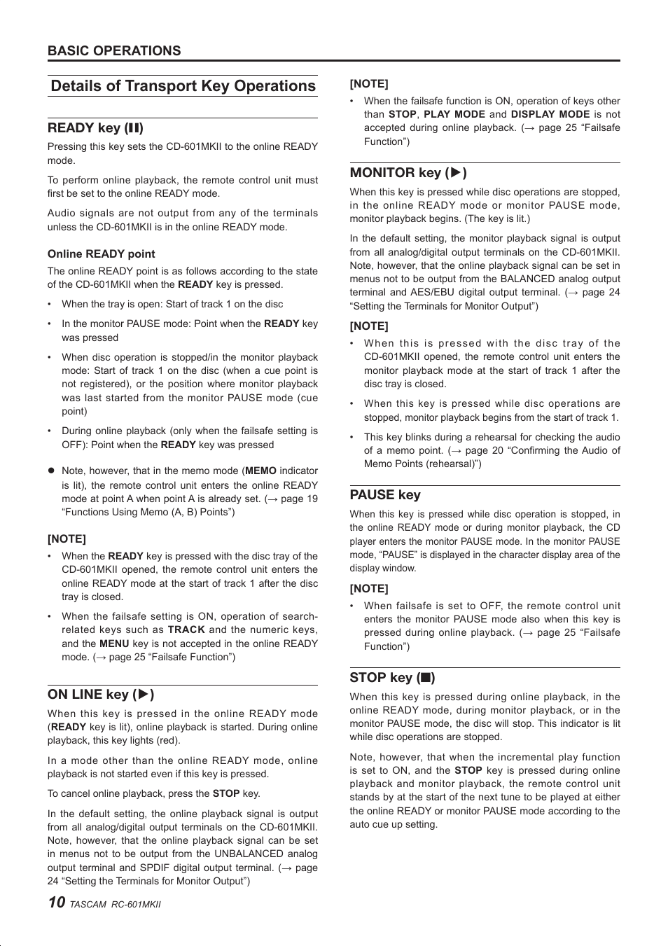 Details of transport key operations, Basic operations, Ready key ( π) | On line key ( ¥), Monitor key ( ¥), Pause key, Stop key ( ª) | Teac RC-601MKII User Manual | Page 10 / 29