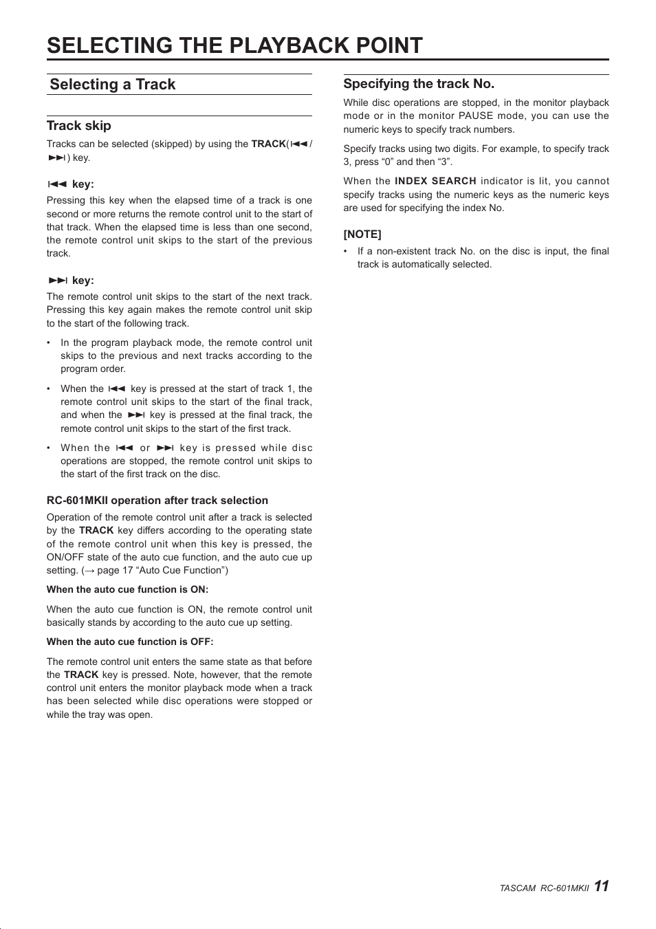 Selecting the playback point, Selecting a track, Track skip | Specifying the track no | Teac RC-601MKII User Manual | Page 11 / 29