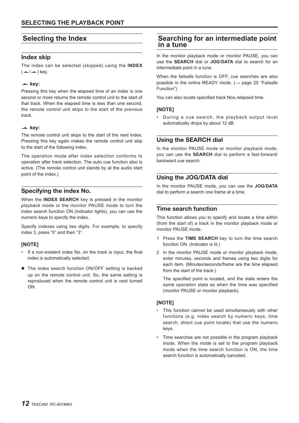 Selecting the index, Searching for an intermediate point in a tune, Selecting the playback point | Index skip, Specifying the index no, Using the search dial, Using the jog/data dial, Time search function | Teac RC-601MKII User Manual | Page 12 / 29