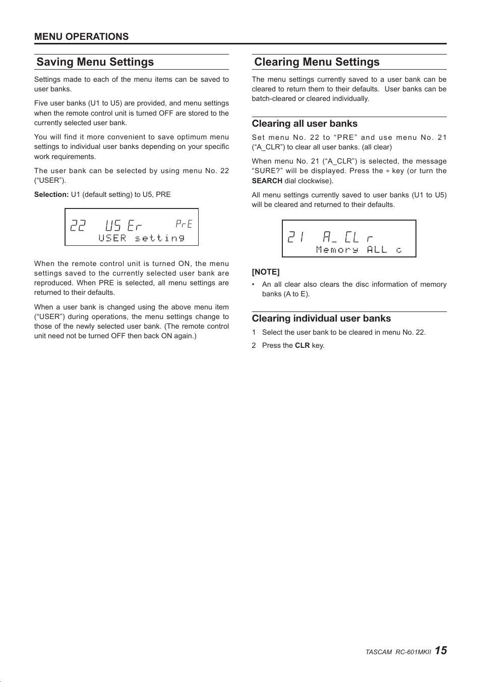 Saving menu settings, Clearing menu settings, Menu operations | Clearing all user banks, Clearing individual user banks | Teac RC-601MKII User Manual | Page 15 / 29