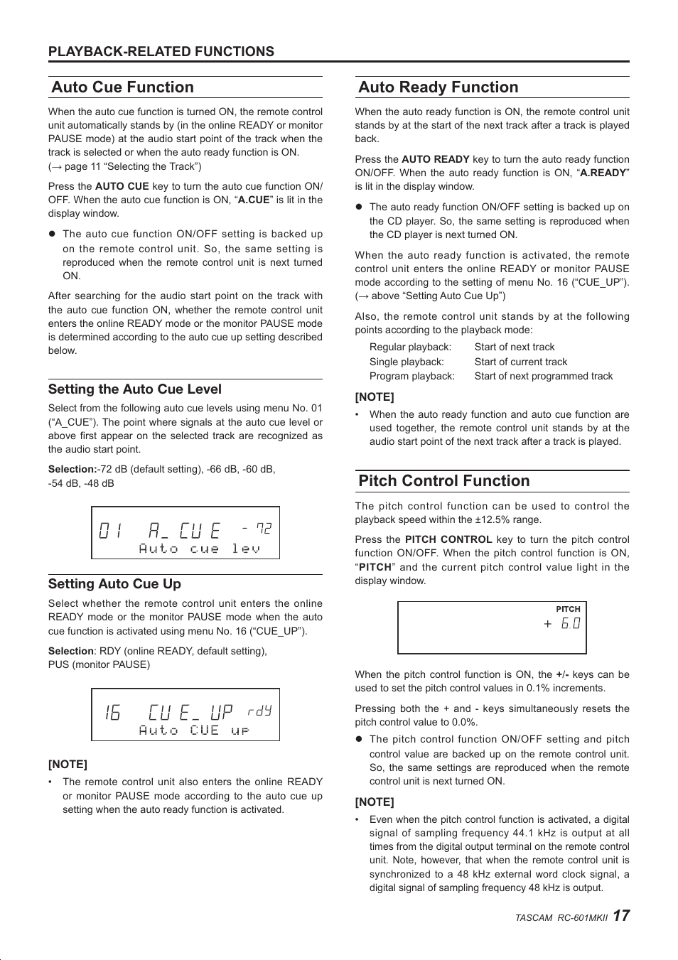 Auto cue function, Auto ready function, Pitch control function | Playback-related functions, Setting the auto cue level, Setting auto cue up | Teac RC-601MKII User Manual | Page 17 / 29
