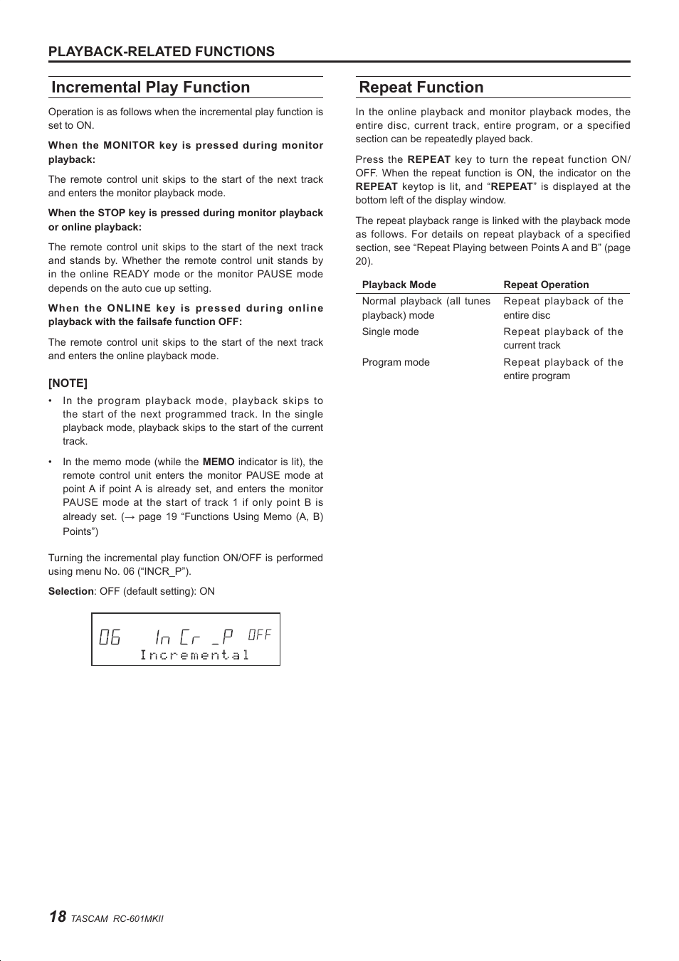 Incremental play function, Repeat function, Playback-related functions | Teac RC-601MKII User Manual | Page 18 / 29