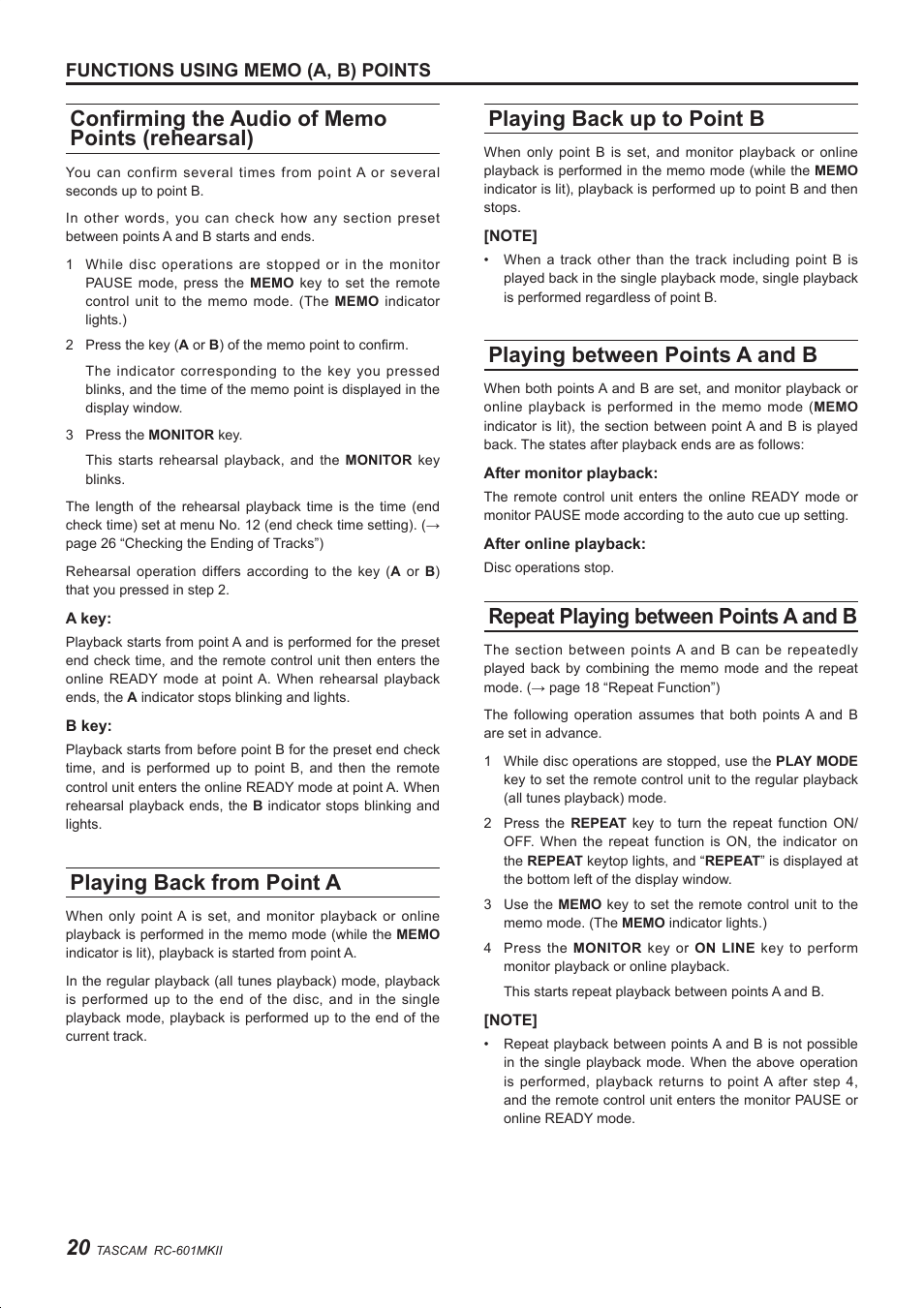 Playing back from point a, Playing back up to point b, Playing between points a and b | Repeat playing between points a and b | Teac RC-601MKII User Manual | Page 20 / 29