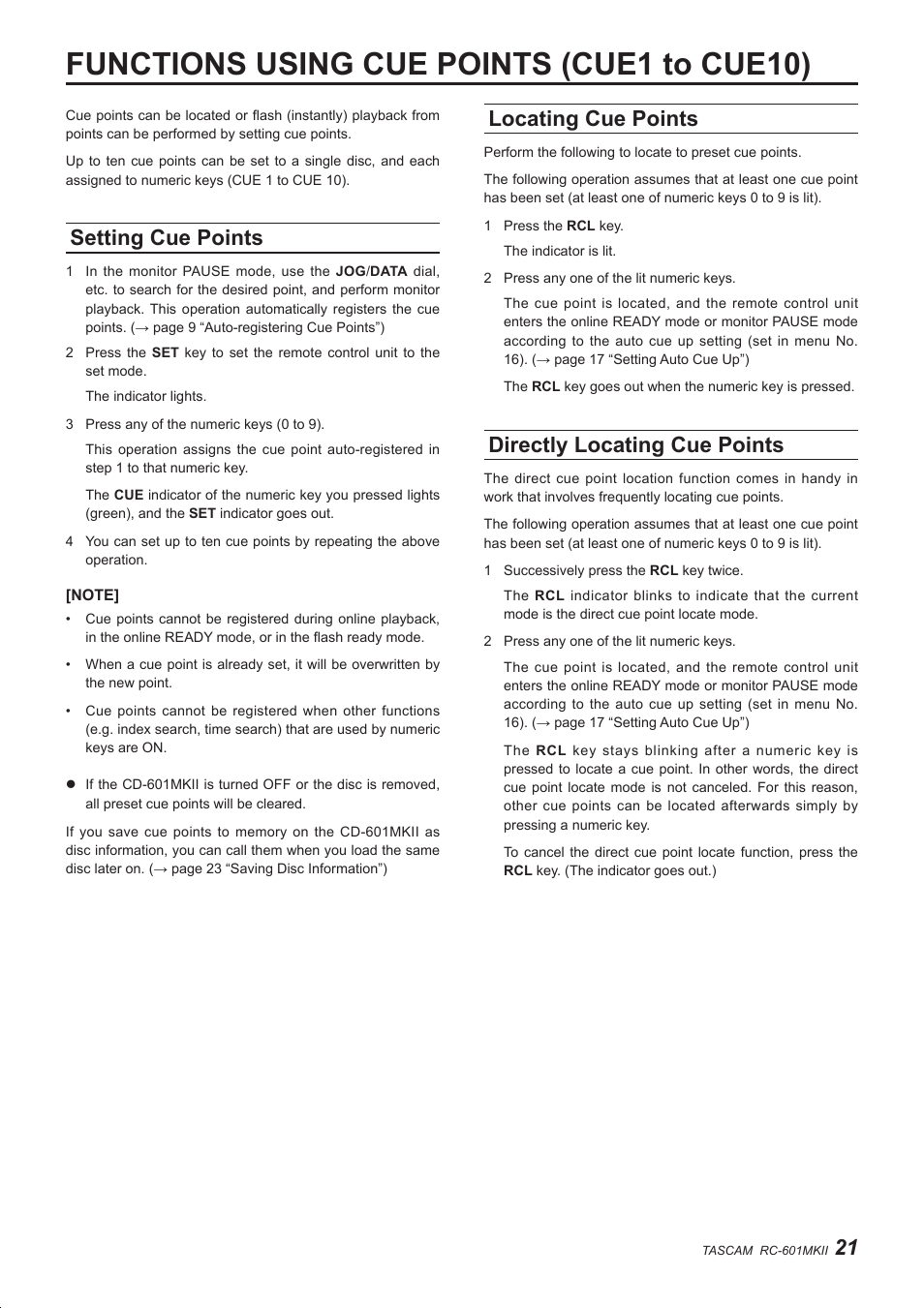 Functions using cue points (cue1 to cue10), Setting cue points, Locating cue points | Directly locating cue points | Teac RC-601MKII User Manual | Page 21 / 29