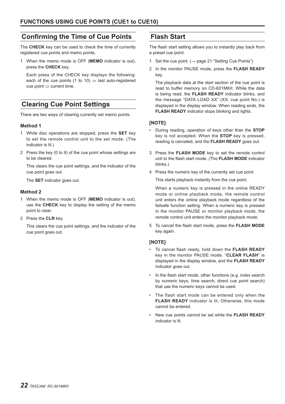 Confirming the time of cue points, Clearing cue point settings, Flash start | Functions using cue points (cue1 to cue10) | Teac RC-601MKII User Manual | Page 22 / 29