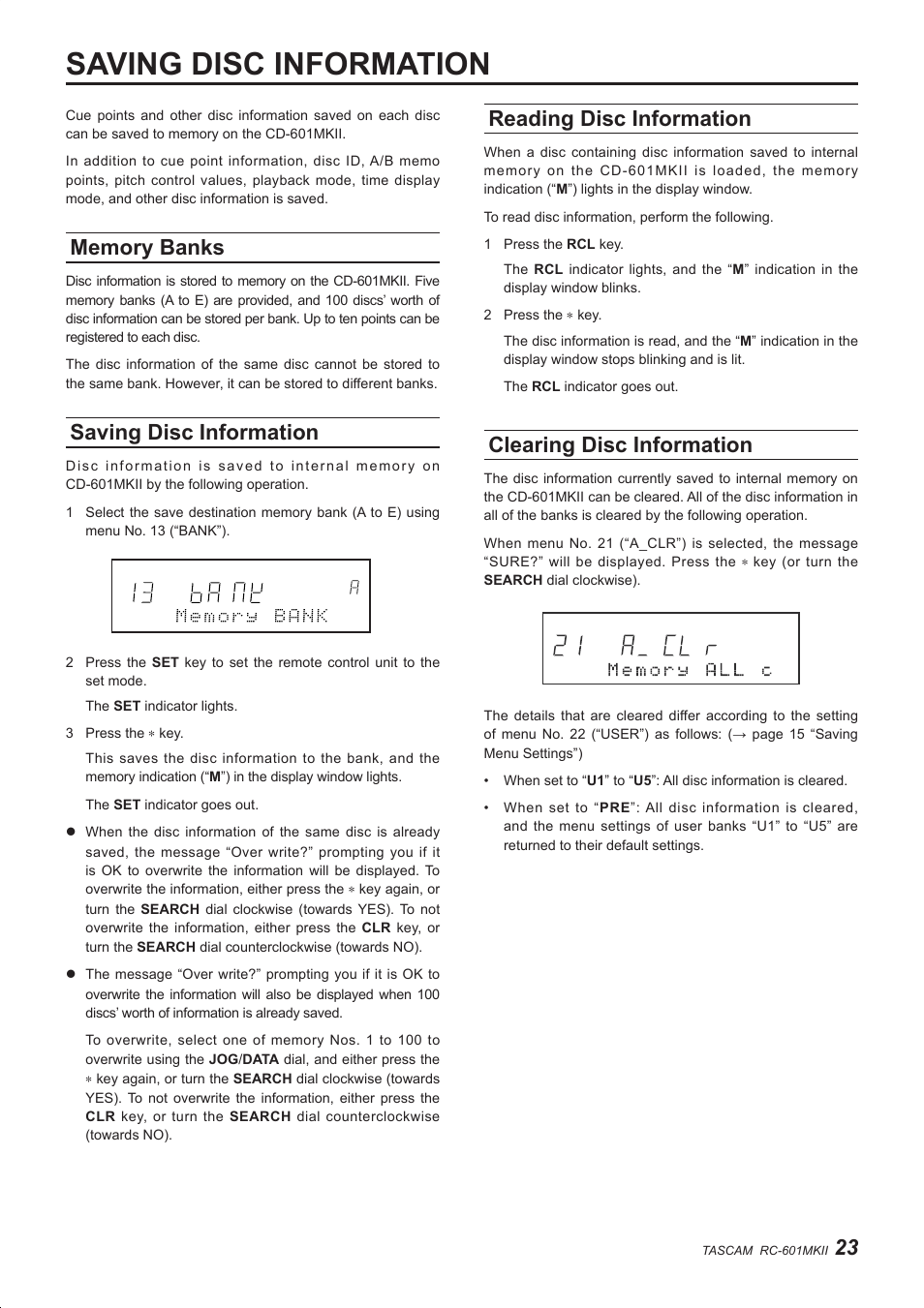 Saving disc information, Reading disc information, Clearing disc information | Teac RC-601MKII User Manual | Page 23 / 29