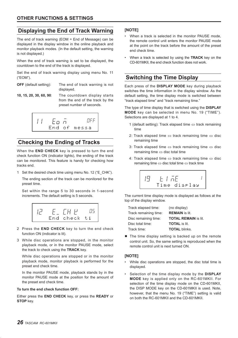 Displaying the end of track warning, Checking the ending of tracks, Switching the time display | Other functions & settings | Teac RC-601MKII User Manual | Page 26 / 29