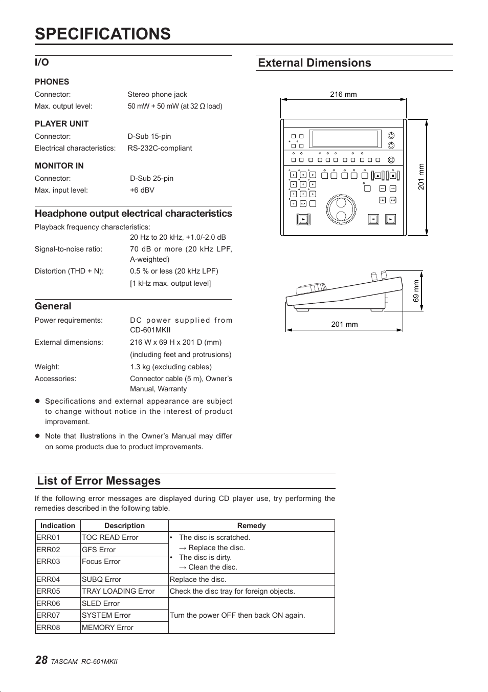 Specifications, External dimensions, List of error messages | Headphone output electrical characteristics, General | Teac RC-601MKII User Manual | Page 28 / 29