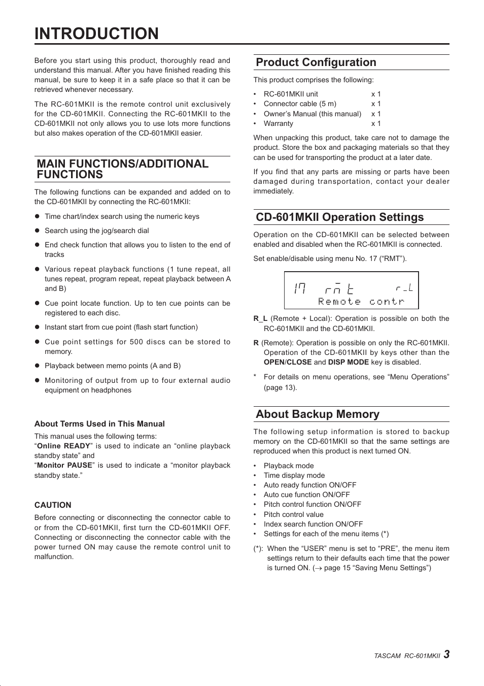 Introduction, Main functions/additional functions, Product configuration | Cd-601mkii operation settings | Teac RC-601MKII User Manual | Page 3 / 29