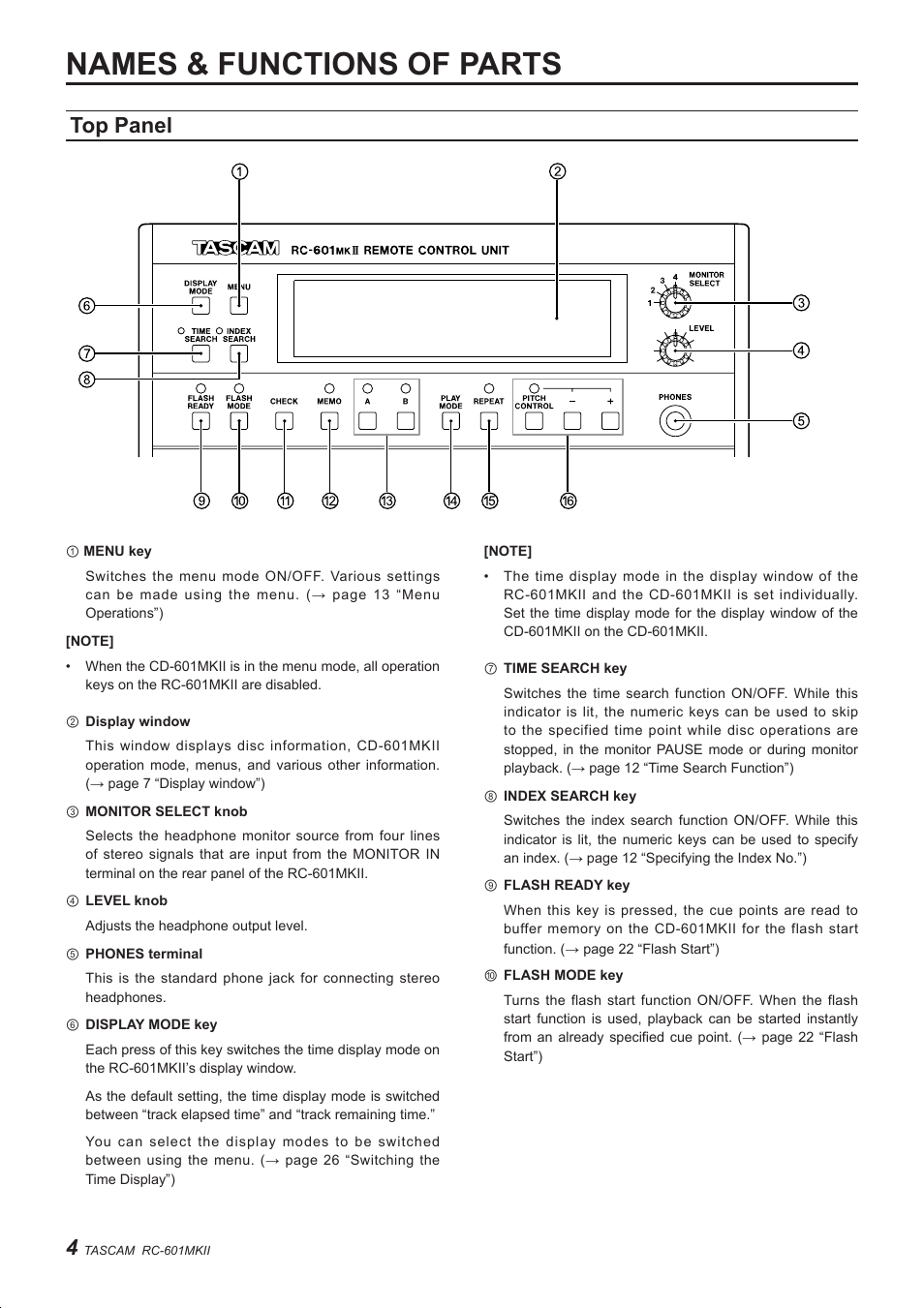 Names & functions of parts, Top panel | Teac RC-601MKII User Manual | Page 4 / 29