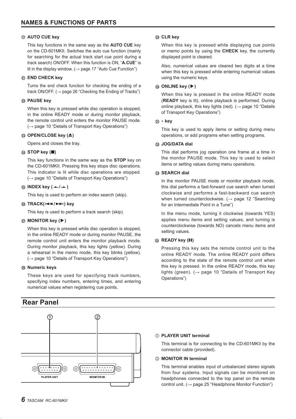 Rear panel, Names & functions of parts | Teac RC-601MKII User Manual | Page 6 / 29