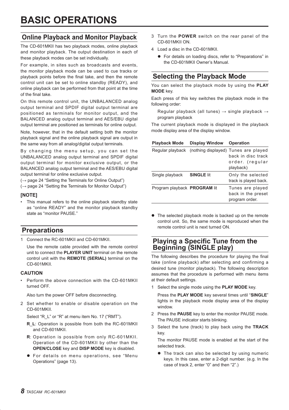 Basic operations, Online playback and monitor playback, Preparations | Selecting the playback mode | Teac RC-601MKII User Manual | Page 8 / 29