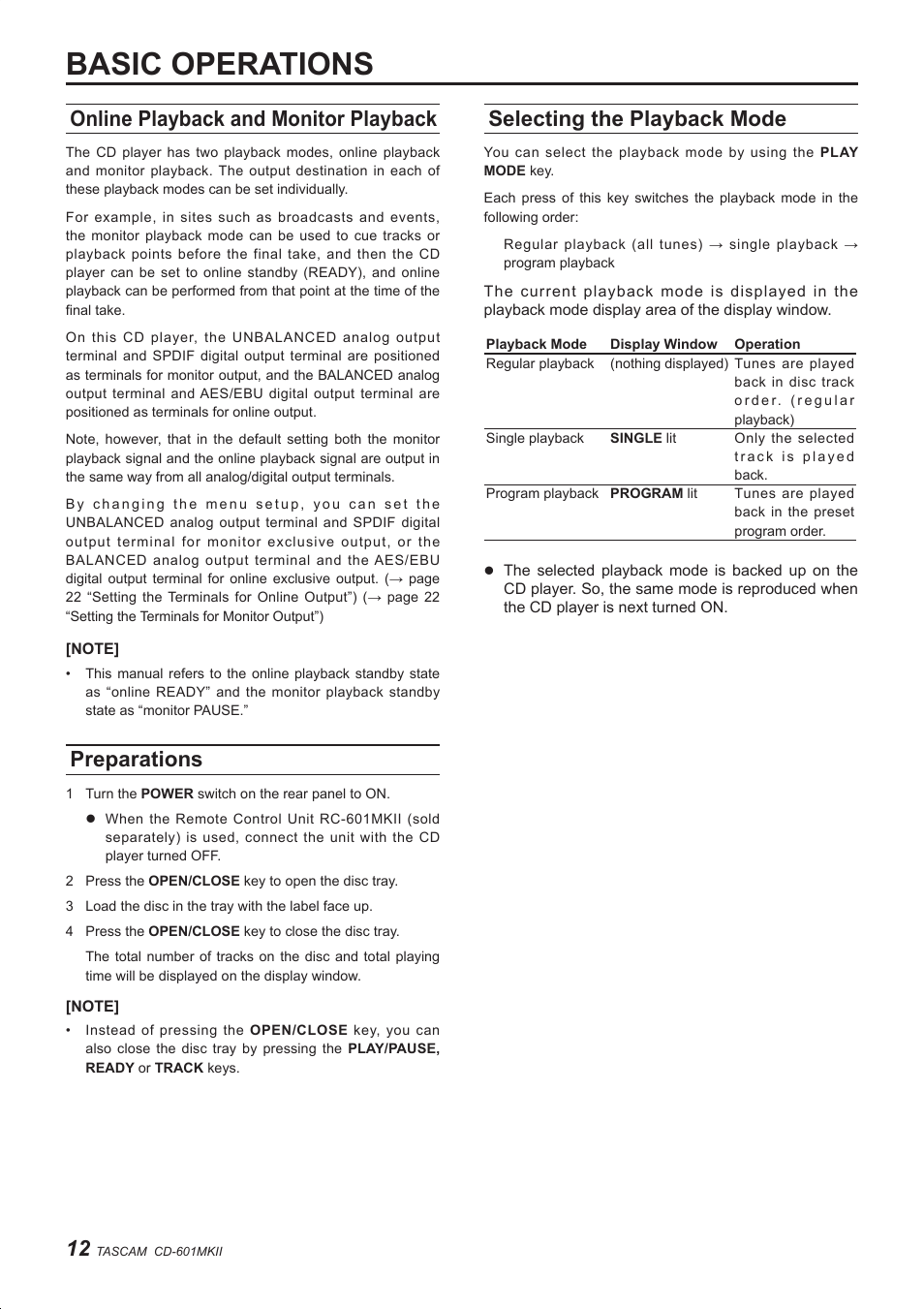 Basic operations, Online playback and monitor playback, Preparations | Selecting the playback mode | Teac CD-601MKII User Manual | Page 12 / 29