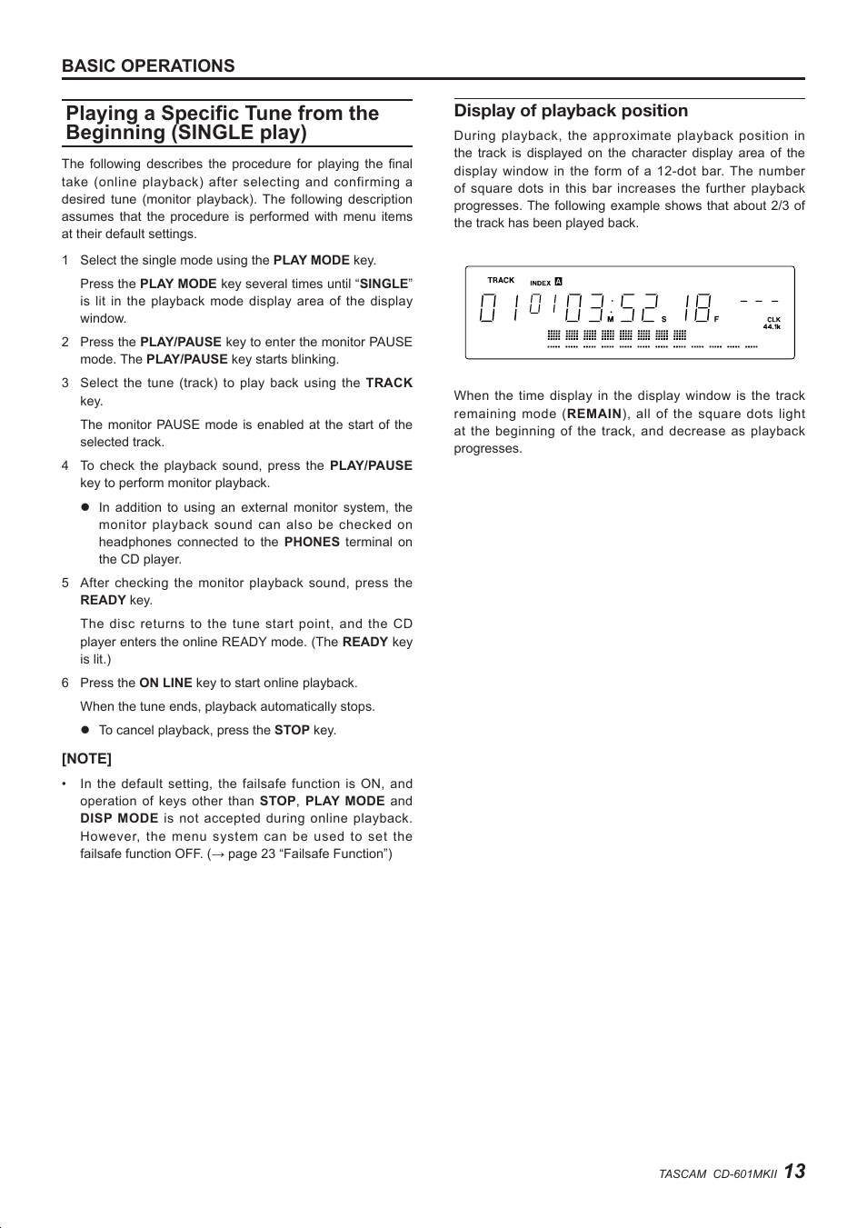 Basic operations, Display of playback position | Teac CD-601MKII User Manual | Page 13 / 29