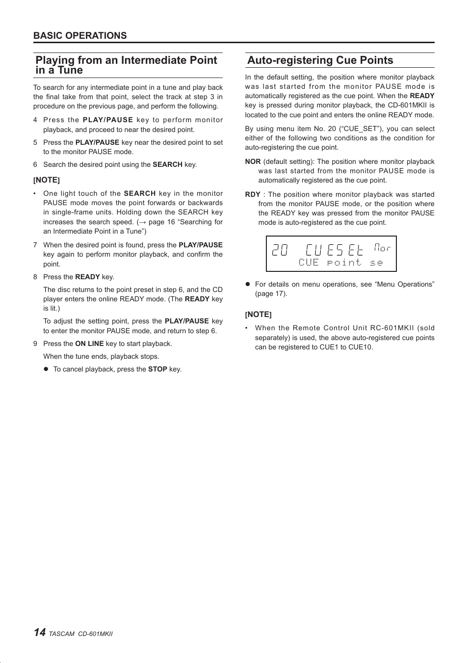 Playing from an intermediate point in a tune, Auto-registering cue points, Basic operations | Teac CD-601MKII User Manual | Page 14 / 29