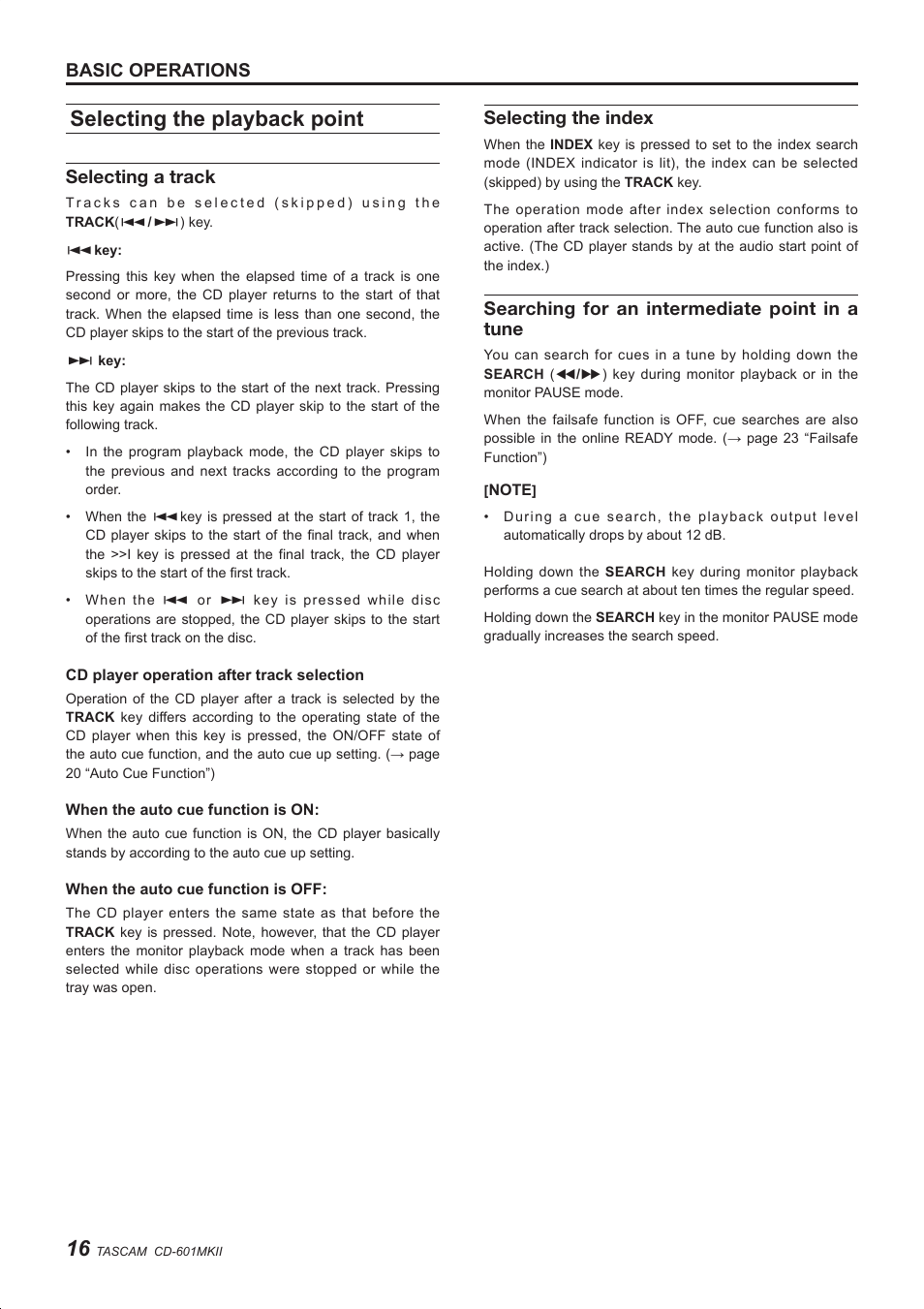 Selecting the playback point, Basic operations, Selecting a track | Selecting the index, Searching for an intermediate point in a tune | Teac CD-601MKII User Manual | Page 16 / 29